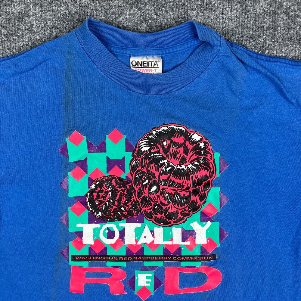 Oneita T-Shirt Womens Size M‎ Blue Totally Rad Graphic 90s Vintage Retro Style